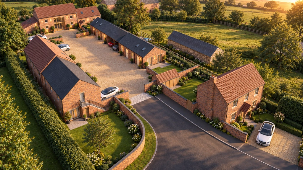 Golden-hour aerial view of the proposed brick homes around a courtyard